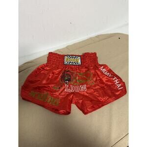 Fluory Muay Thai Boxing Shorts Lion Red Satin Fight Trunks Size Adult Large